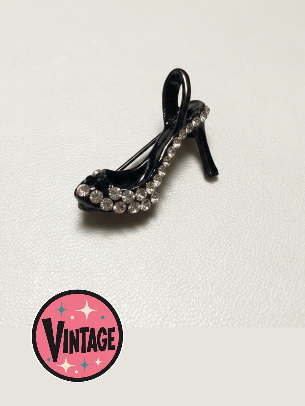 Black Enamel & Rhinestone High Heel Shoe Brooch Pin